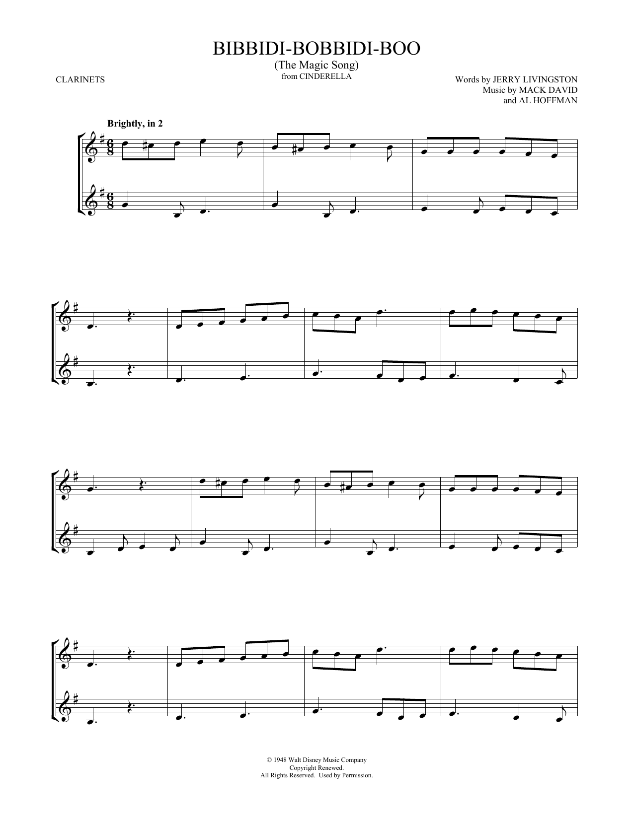 Download Verna Felton Bibbidi-Bobbidi-Boo (The Magic Song) (from Cinderella) Sheet Music and learn how to play Violin Duet PDF digital score in minutes