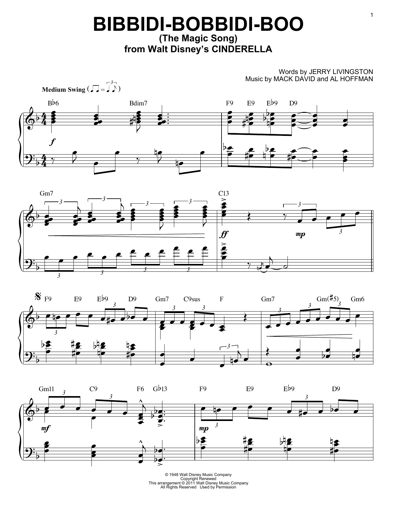 Download Verna Felton Bibbidi-Bobbidi-Boo (The Magic Song) Sheet Music and learn how to play Piano PDF digital score in minutes