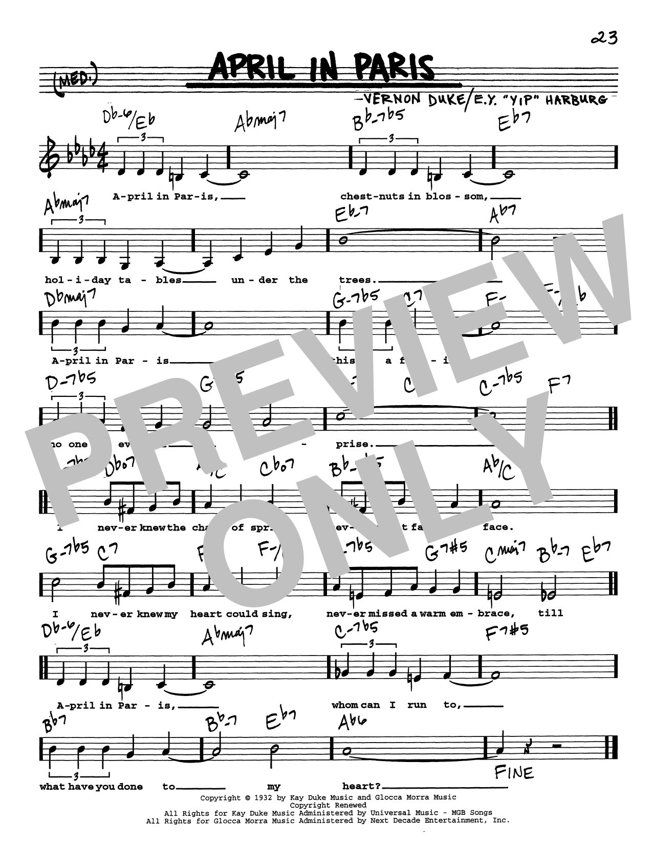 Download Vernon Duke April In Paris (Low Voice) Sheet Music and learn how to play Real Book – Melody, Lyrics & Chords PDF digital score in minutes