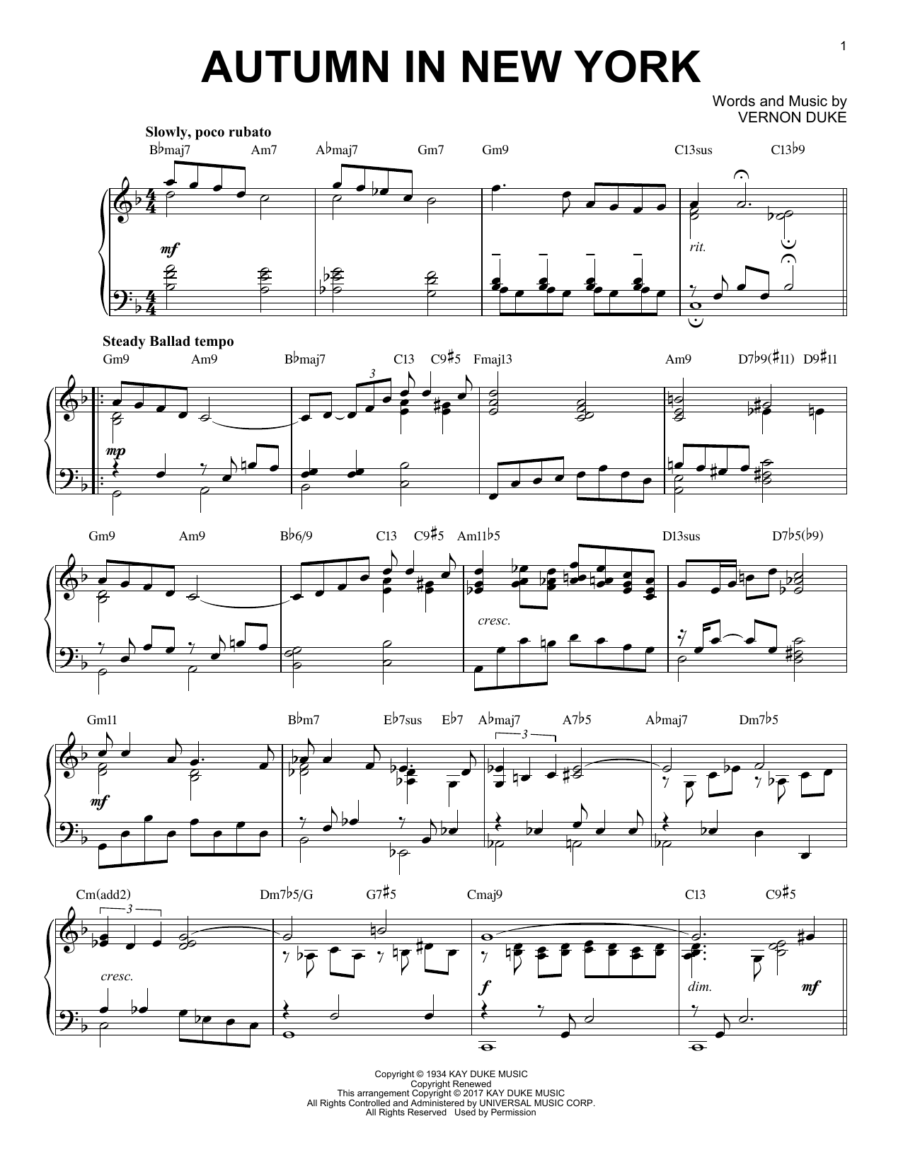 Download Vernon Duke Autumn In New York Sheet Music and learn how to play Piano PDF digital score in minutes