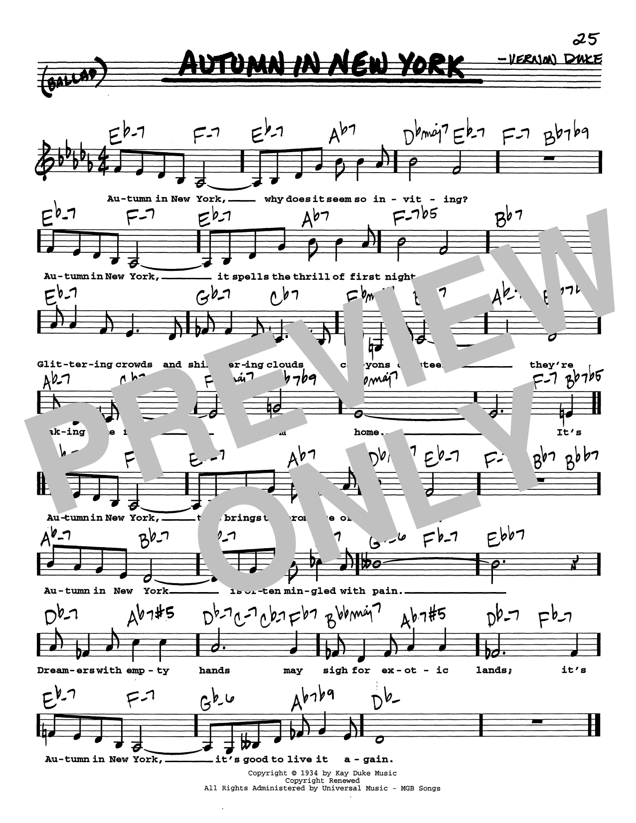 Download Vernon Duke Autumn In New York (Low Voice) Sheet Music and learn how to play Real Book – Melody, Lyrics & Chords PDF digital score in minutes