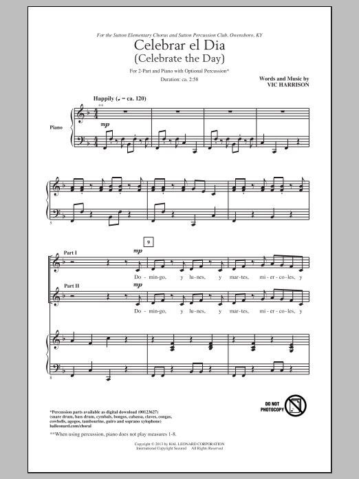 Download Vic Harrison Celebrar El Dia (Celebrate The Day) Sheet Music and learn how to play 2-Part Choir PDF digital score in minutes