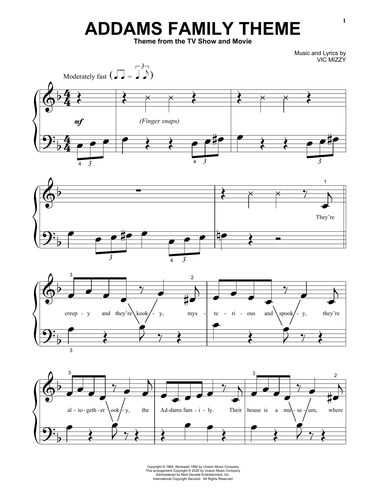 Download Vic Mizzy Addams Family Theme Sheet Music and learn how to play 5-Finger Piano PDF digital score in minutes