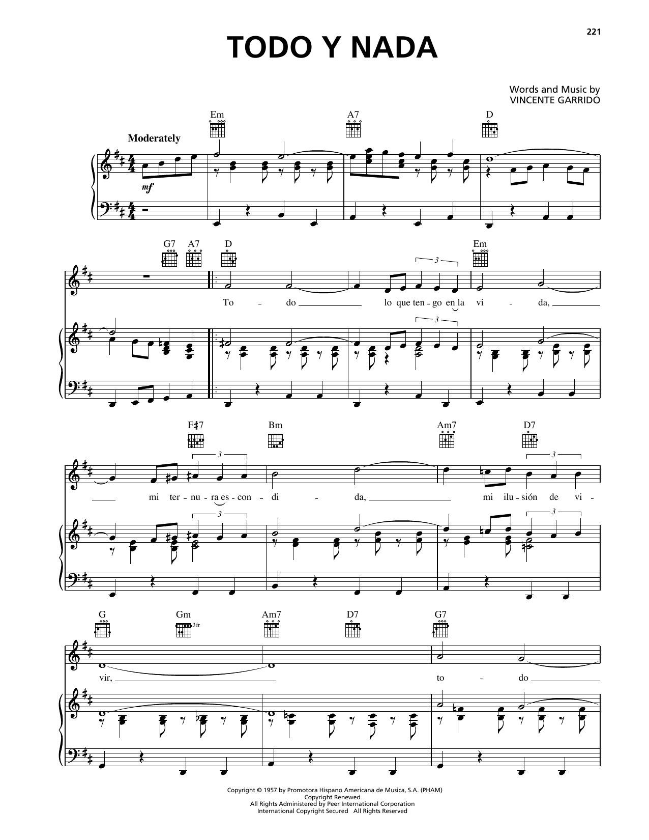 Download Vicente Garrido Todo Y Nada Sheet Music and learn how to play Piano, Vocal & Guitar Chords (Right-Hand Melody) PDF digital score in minutes