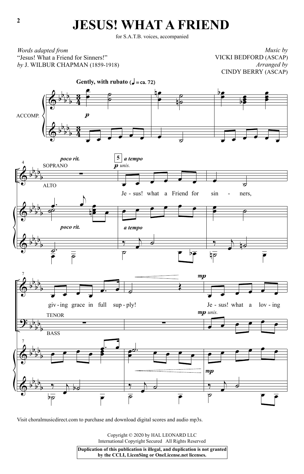 Download Vicki Bedford Jesus! What A Friend (arr. Cindy Berry) Sheet Music and learn how to play SATB Choir PDF digital score in minutes