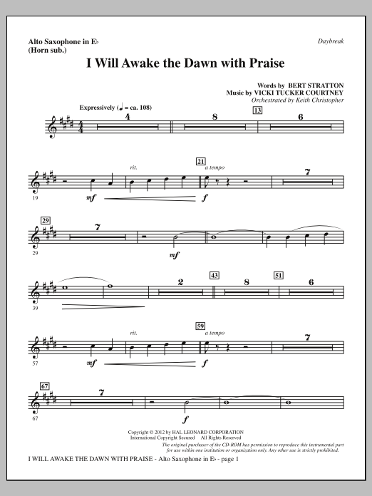Download Vicki Tucker Courtney I Will Awake The Dawn With Praise - Alto Sax (sub. Horn) Sheet Music and learn how to play Choir Instrumental Pak PDF digital score in minutes