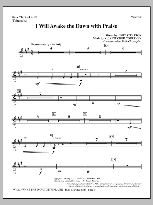 Download Vicki Tucker Courtney I Will Awake The Dawn With Praise - Bass Clarinet (sub. Tuba) Sheet Music and learn how to play Choir Instrumental Pak PDF digital score in minutes