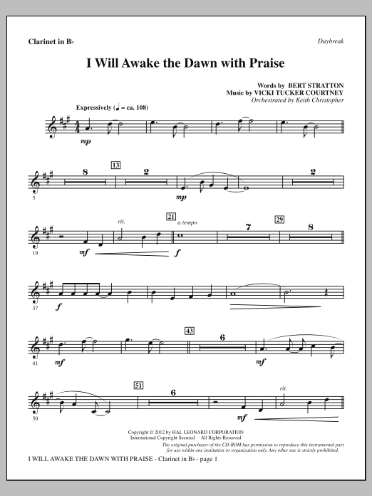 Download Vicki Tucker Courtney I Will Awake The Dawn With Praise - Bb Clarinet Sheet Music and learn how to play Choir Instrumental Pak PDF digital score in minutes