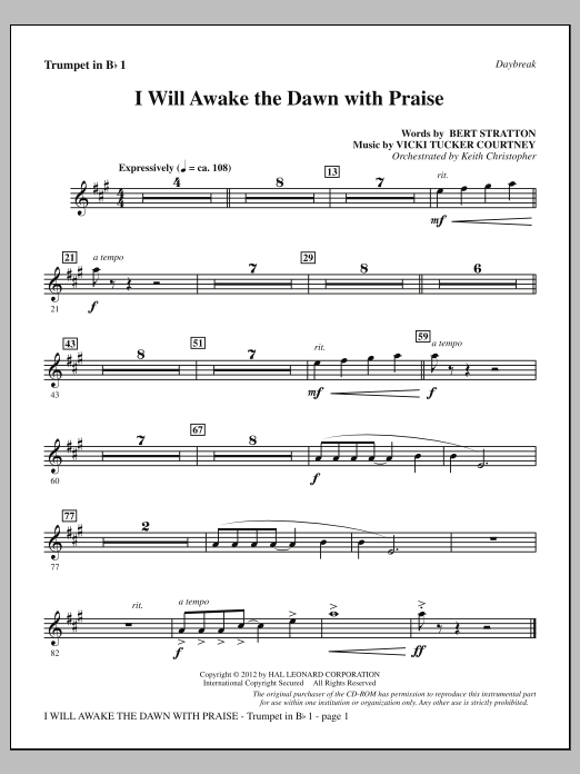 Download Vicki Tucker Courtney I Will Awake The Dawn With Praise - Bb Trumpet 1 Sheet Music and learn how to play Choir Instrumental Pak PDF digital score in minutes