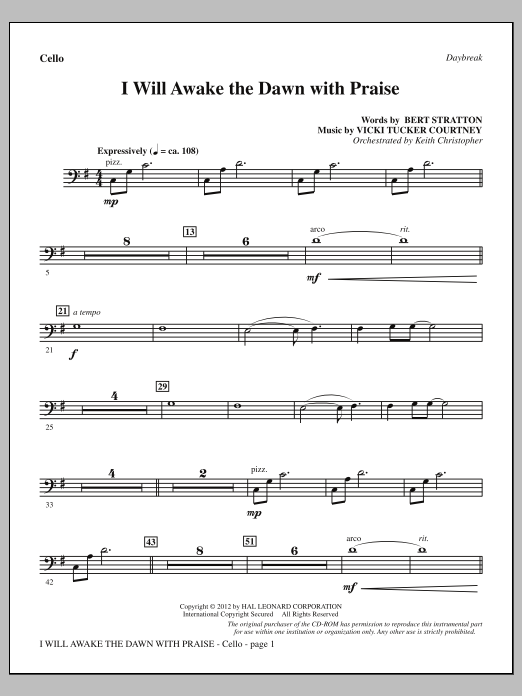 Download Vicki Tucker Courtney I Will Awake The Dawn With Praise - Cello Sheet Music and learn how to play Choir Instrumental Pak PDF digital score in minutes