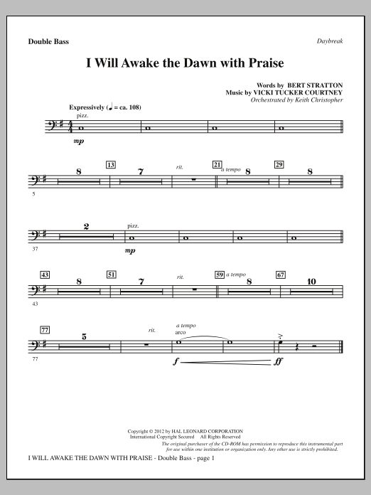 Download Vicki Tucker Courtney I Will Awake The Dawn With Praise - Double Bass Sheet Music and learn how to play Choir Instrumental Pak PDF digital score in minutes