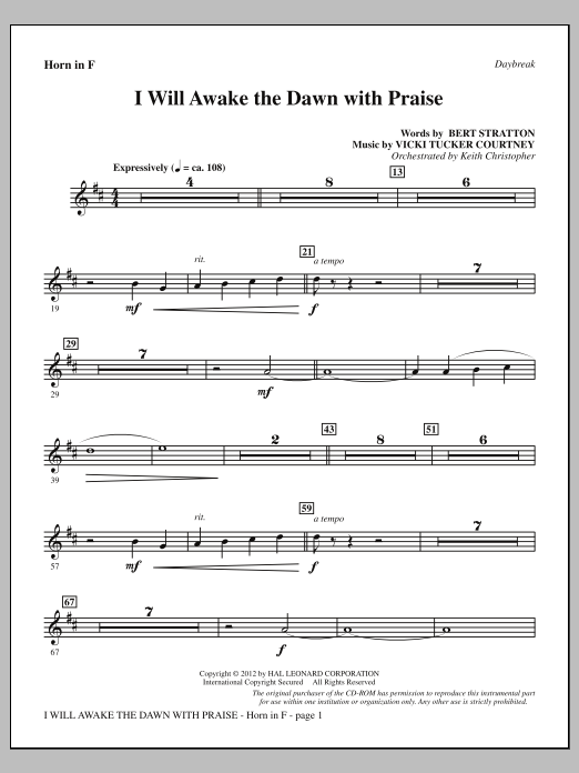 Download Vicki Tucker Courtney I Will Awake The Dawn With Praise - F Horn Sheet Music and learn how to play Choir Instrumental Pak PDF digital score in minutes
