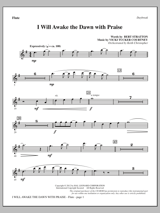 Download Vicki Tucker Courtney I Will Awake The Dawn With Praise - Flute Sheet Music and learn how to play Choir Instrumental Pak PDF digital score in minutes