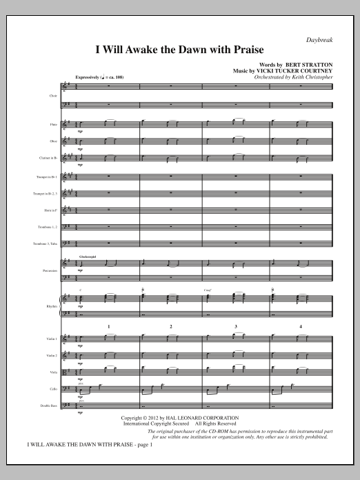 Download Vicki Tucker Courtney I Will Awake The Dawn With Praise - Full Score Sheet Music and learn how to play Choir Instrumental Pak PDF digital score in minutes