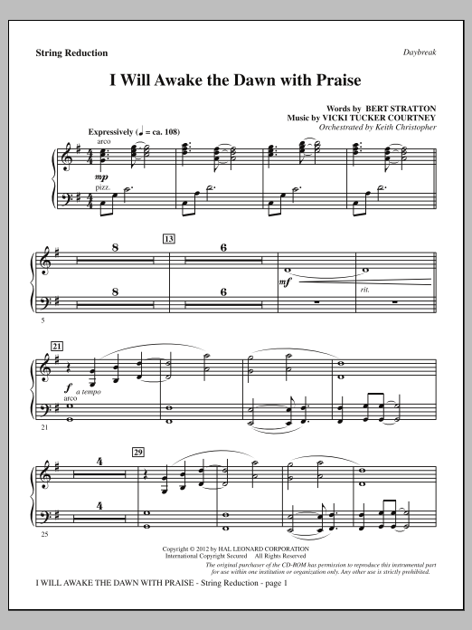 Download Vicki Tucker Courtney I Will Awake The Dawn With Praise - Keyboard String Reduction Sheet Music and learn how to play Choir Instrumental Pak PDF digital score in minutes