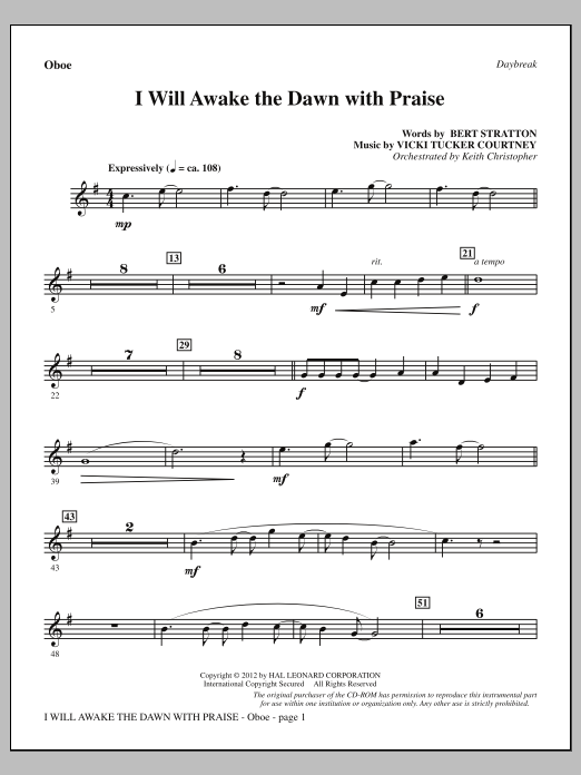 Download Vicki Tucker Courtney I Will Awake The Dawn With Praise - Oboe Sheet Music and learn how to play Choir Instrumental Pak PDF digital score in minutes