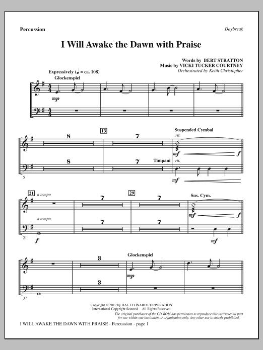 Download Vicki Tucker Courtney I Will Awake The Dawn With Praise - Percussion Sheet Music and learn how to play Choir Instrumental Pak PDF digital score in minutes