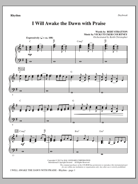 Download Vicki Tucker Courtney I Will Awake The Dawn With Praise - Rhythm Sheet Music and learn how to play Choir Instrumental Pak PDF digital score in minutes