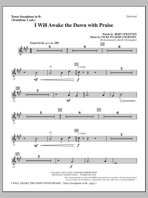 Download Vicki Tucker Courtney I Will Awake The Dawn With Praise - Tenor Sax (sub. Tbn 2) Sheet Music and learn how to play Choir Instrumental Pak PDF digital score in minutes