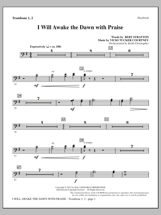 Download Vicki Tucker Courtney I Will Awake The Dawn With Praise - Trombone 1 & 2 Sheet Music and learn how to play Choir Instrumental Pak PDF digital score in minutes