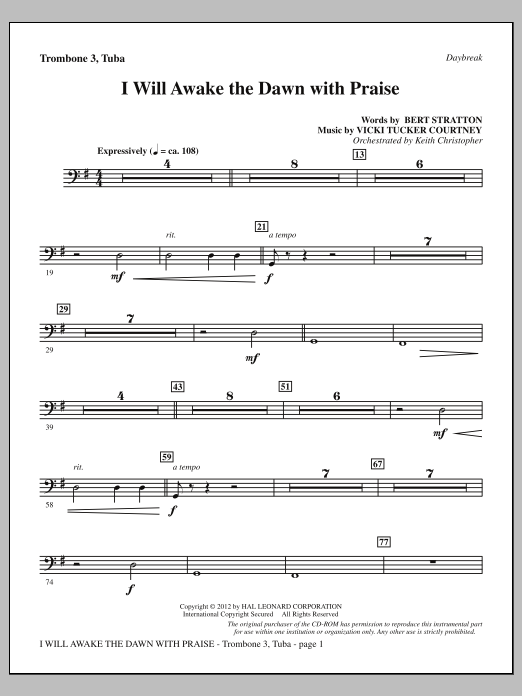 Download Vicki Tucker Courtney I Will Awake The Dawn With Praise - Trombone 3/Tuba Sheet Music and learn how to play Choir Instrumental Pak PDF digital score in minutes