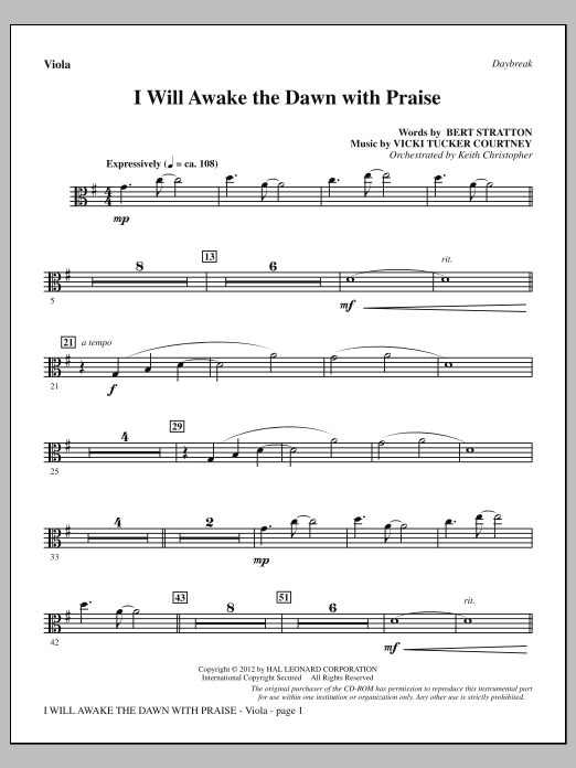 Download Vicki Tucker Courtney I Will Awake The Dawn With Praise - Viola Sheet Music and learn how to play Choir Instrumental Pak PDF digital score in minutes