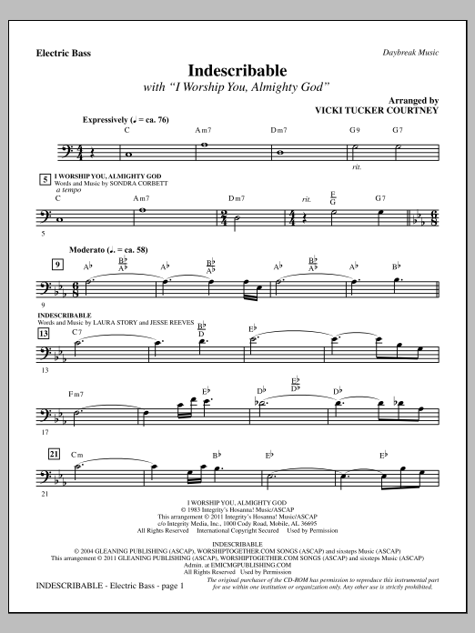 Download Vicki Tucker Courtney Indescribable - Bass Sheet Music and learn how to play Choir Instrumental Pak PDF digital score in minutes