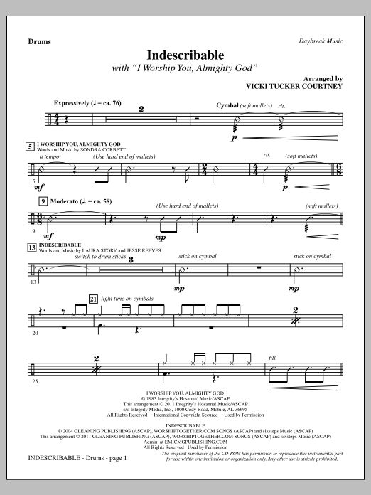 Download Vicki Tucker Courtney Indescribable - Drums Sheet Music and learn how to play Choir Instrumental Pak PDF digital score in minutes