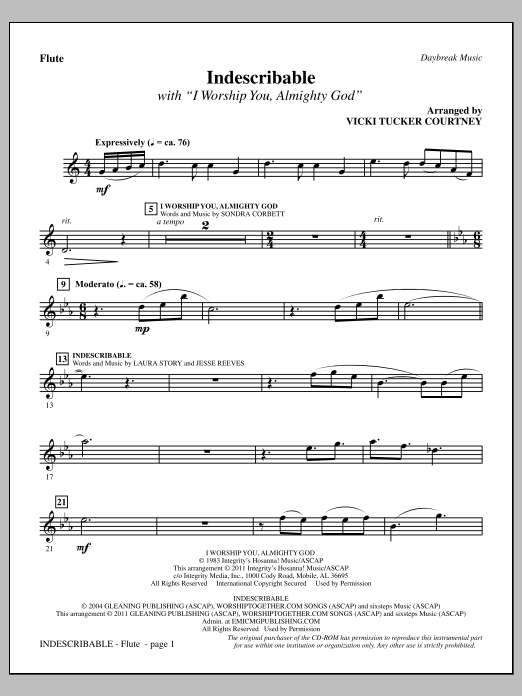 Download Vicki Tucker Courtney Indescribable - Flute Sheet Music and learn how to play Choir Instrumental Pak PDF digital score in minutes