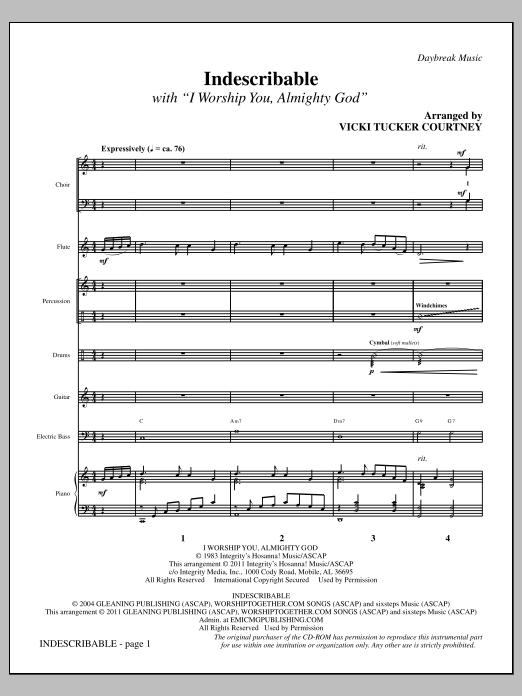 Download Vicki Tucker Courtney Indescribable - Full Score Sheet Music and learn how to play Choir Instrumental Pak PDF digital score in minutes