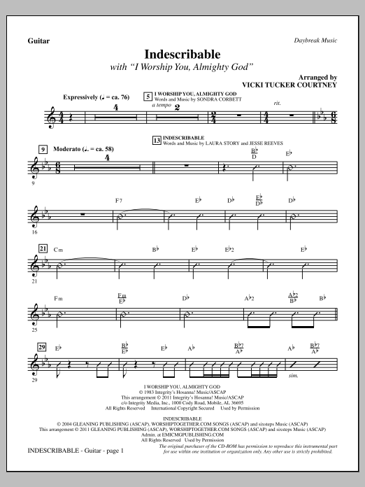 Download Vicki Tucker Courtney Indescribable - Guitar Sheet Music and learn how to play Choir Instrumental Pak PDF digital score in minutes