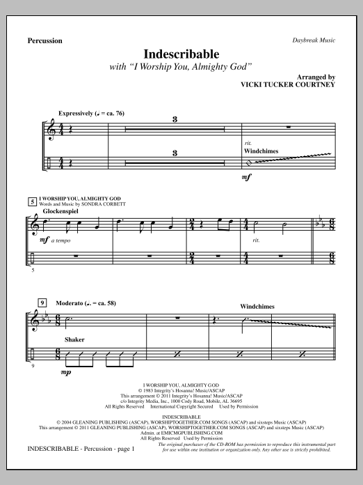 Download Vicki Tucker Courtney Indescribable - Percussion Sheet Music and learn how to play Choir Instrumental Pak PDF digital score in minutes