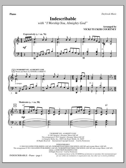 Download Vicki Tucker Courtney Indescribable - Piano Sheet Music and learn how to play Choir Instrumental Pak PDF digital score in minutes