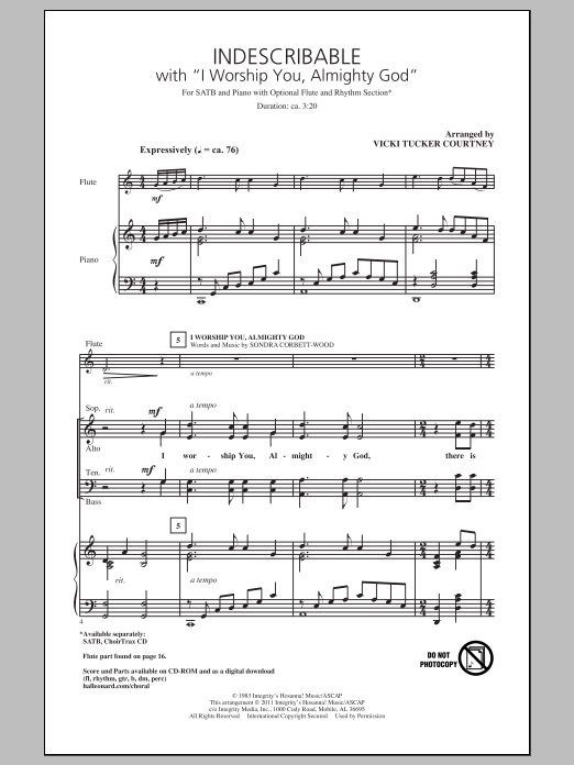 Download Vicki Tucker Courtney Indescribable Sheet Music and learn how to play SATB PDF digital score in minutes