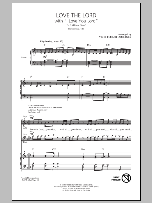 Download Vicki Tucker Courtney Love The Lord (with I Love You Lord) Sheet Music and learn how to play SATB PDF digital score in minutes