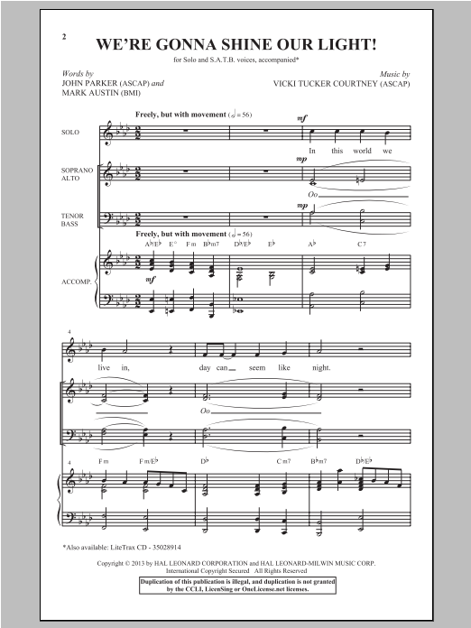 Download Vicki Tucker Courtney We're Gonna Shine Our Light! Sheet Music and learn how to play SATB PDF digital score in minutes