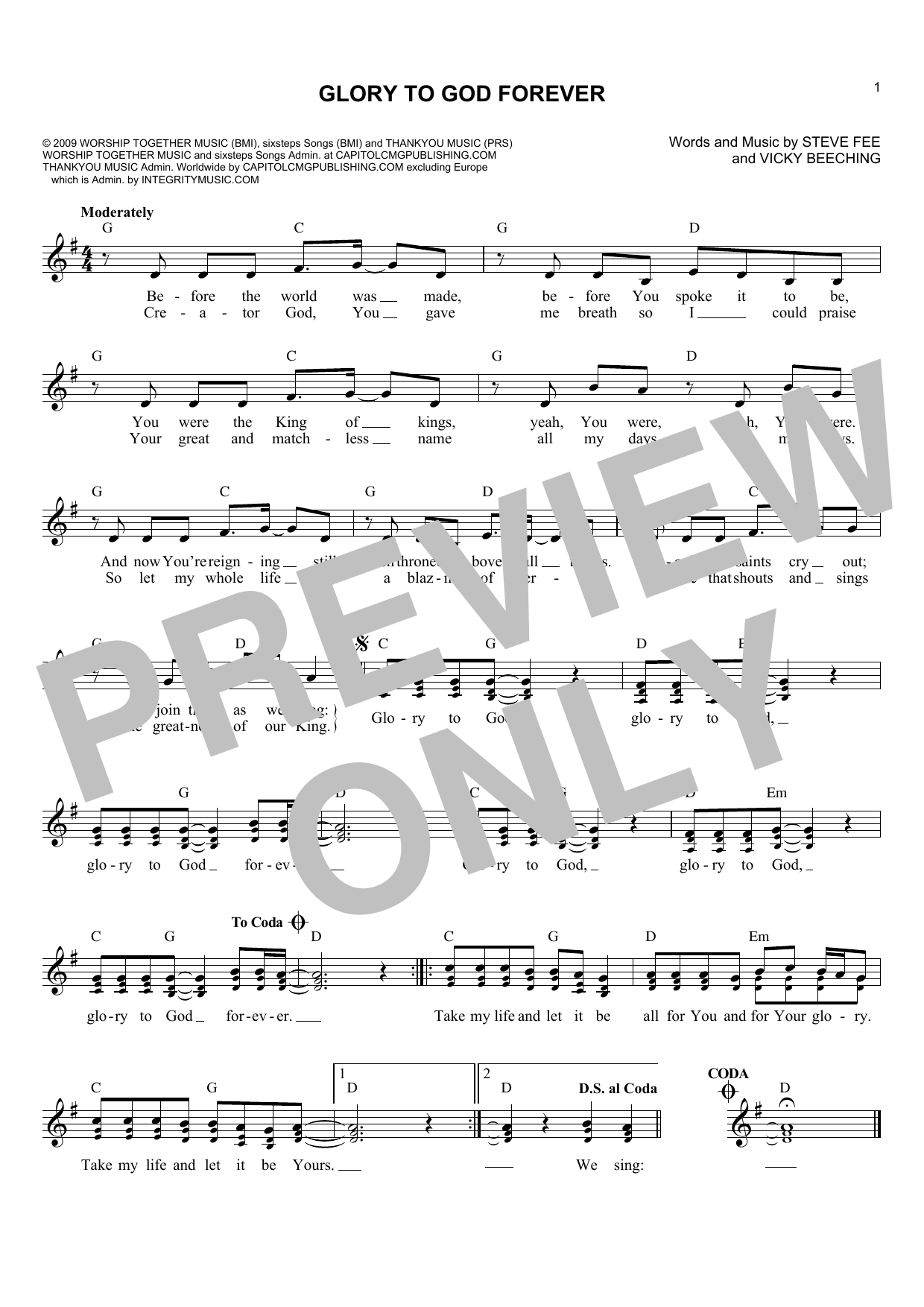 Download Vicky Beeching Glory To God Forever Sheet Music and learn how to play Melody Line, Lyrics & Chords PDF digital score in minutes