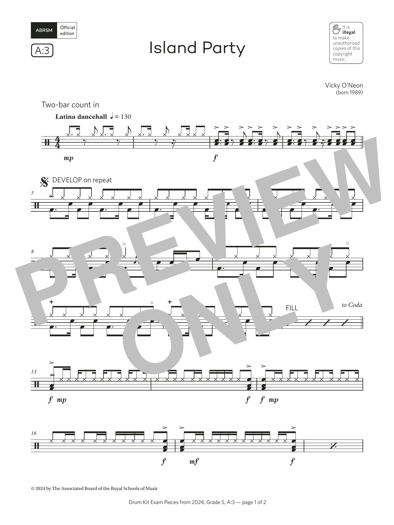 Download Vicky O'Neon Island Party (Grade 5, list A3, from the ABRSM Drum Kit Syllabus 2024) Sheet Music and learn how to play Drums PDF digital score in minutes