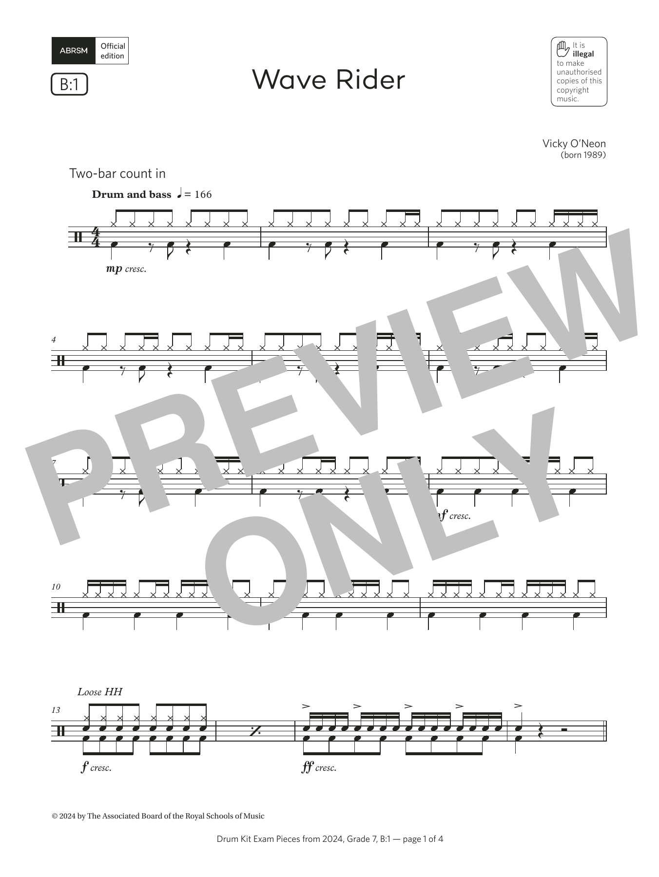 Download Vicky O'Neon Wave Rider (Grade 7, list B1, from the ABRSM Drum Kit Syllabus 2024) Sheet Music and learn how to play Drums PDF digital score in minutes