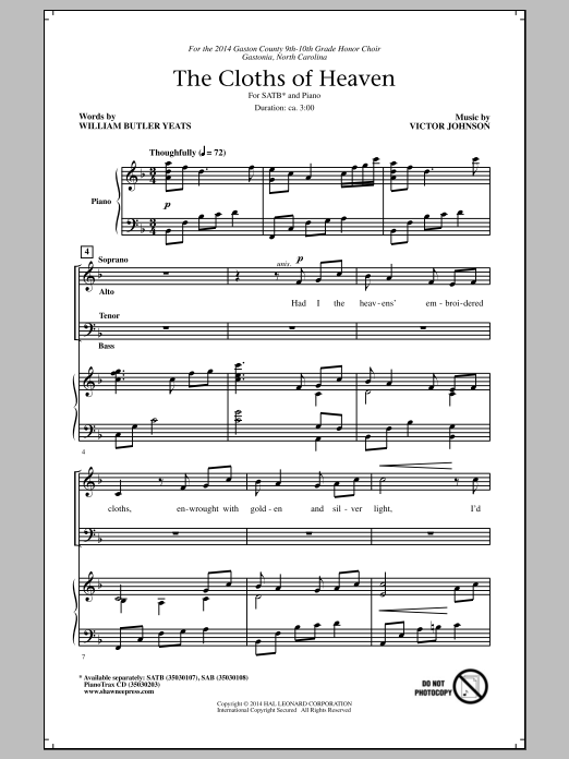Download Victor Johnson The Cloths Of Heaven Sheet Music and learn how to play SATB PDF digital score in minutes