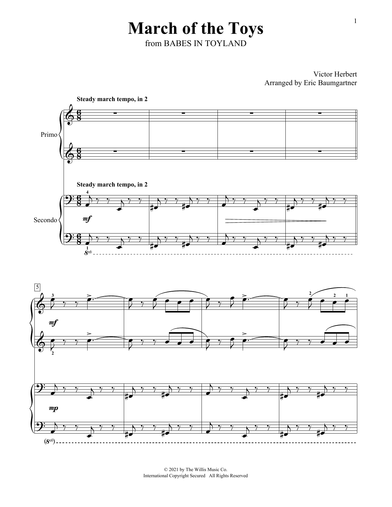 Download Victor Herbert March Of The Toys (arr. Eric Baumgartner) Sheet Music and learn how to play Piano Duet PDF digital score in minutes