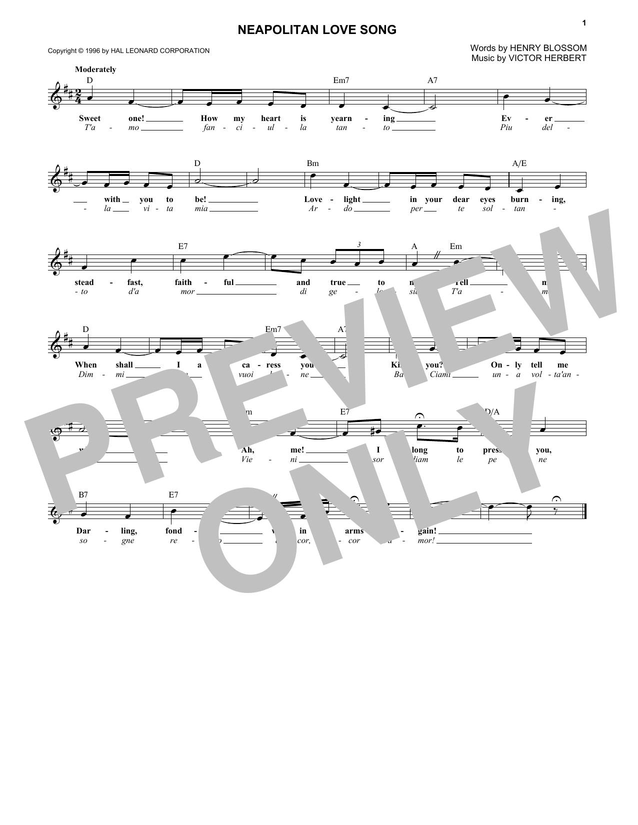Download Victor Herbert Neapolitan Love Song Sheet Music and learn how to play Melody Line, Lyrics & Chords PDF digital score in minutes