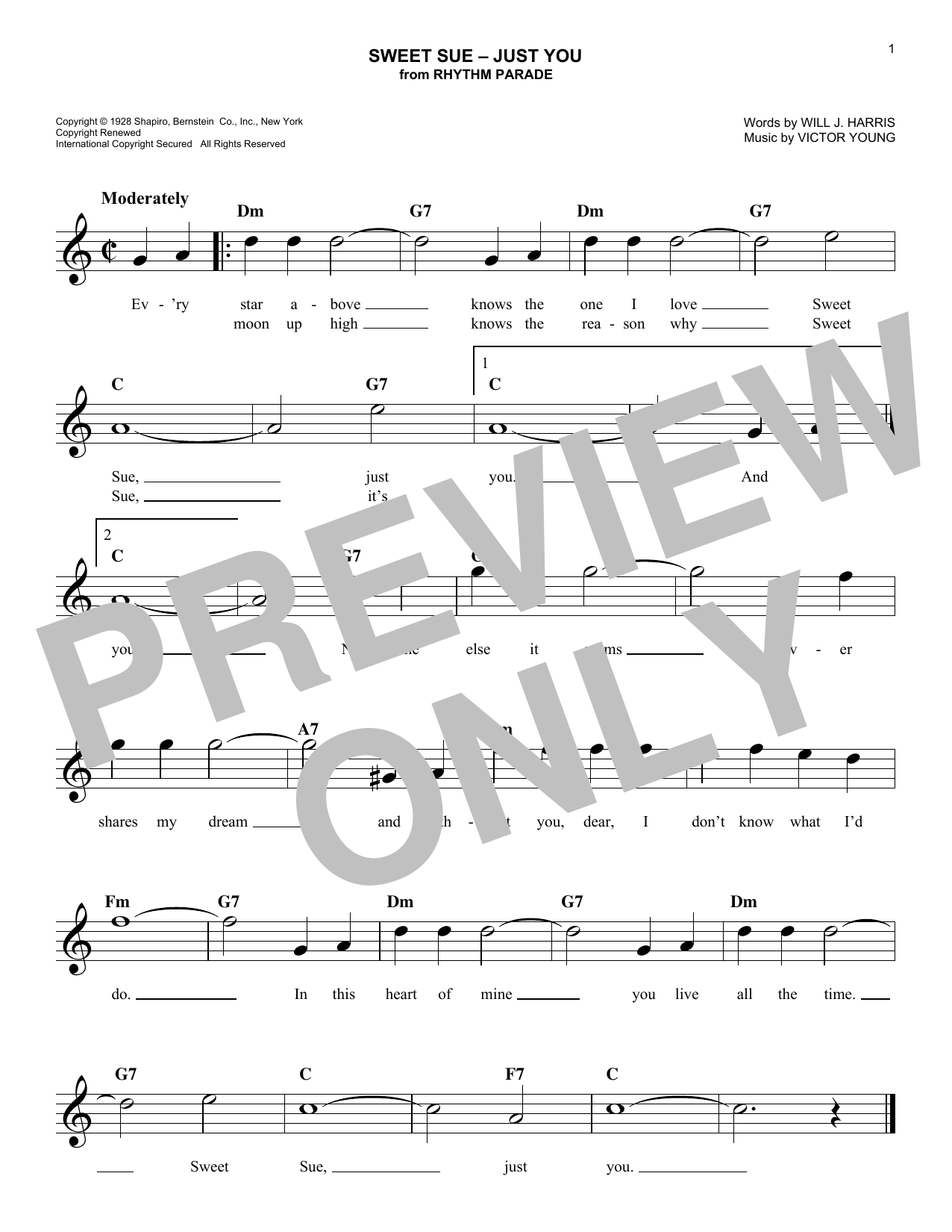 Download Victor Young Sweet Sue-Just You Sheet Music and learn how to play Melody Line, Lyrics & Chords PDF digital score in minutes