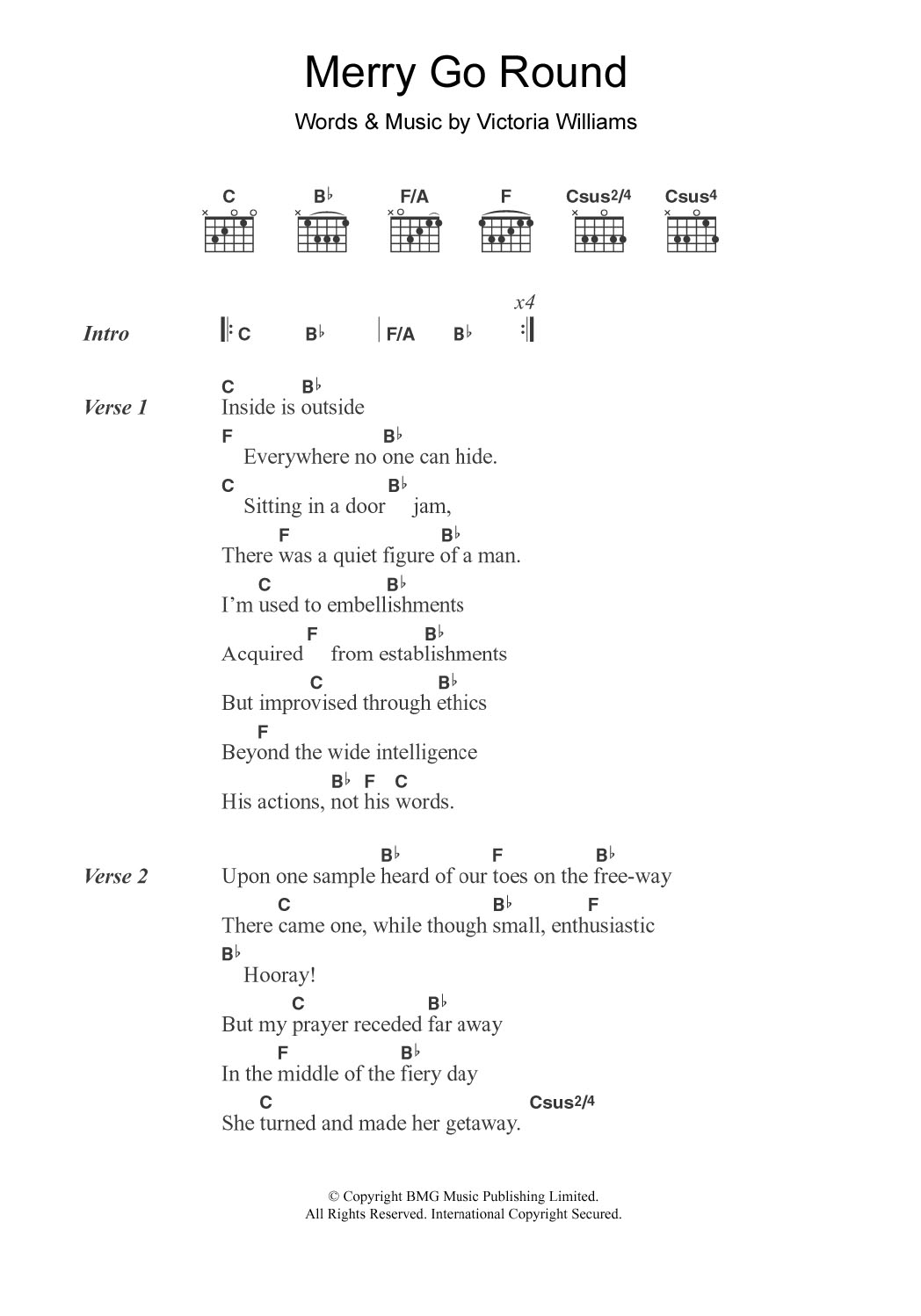 Download Victoria Williams Merry Go Round Sheet Music and learn how to play Lyrics & Chords PDF digital score in minutes