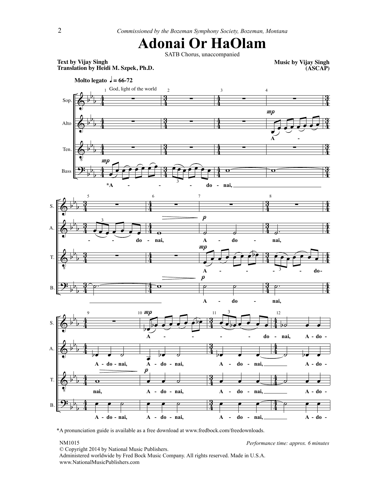 Download Vijay Singh Adoni Or HaOlam Sheet Music and learn how to play SATB Choir PDF digital score in minutes