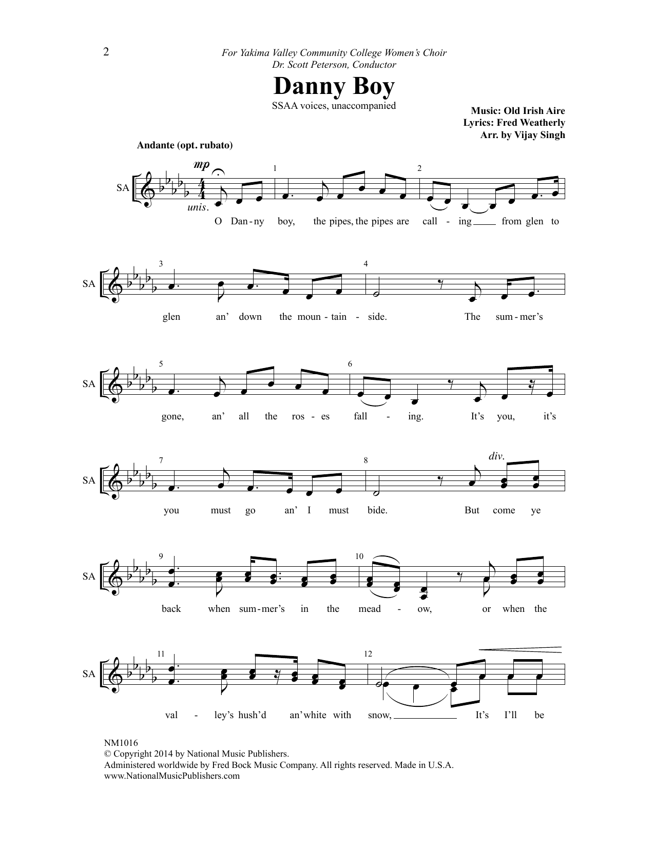 Download Vijay Singh Danny Boy Sheet Music and learn how to play SSAA Choir PDF digital score in minutes