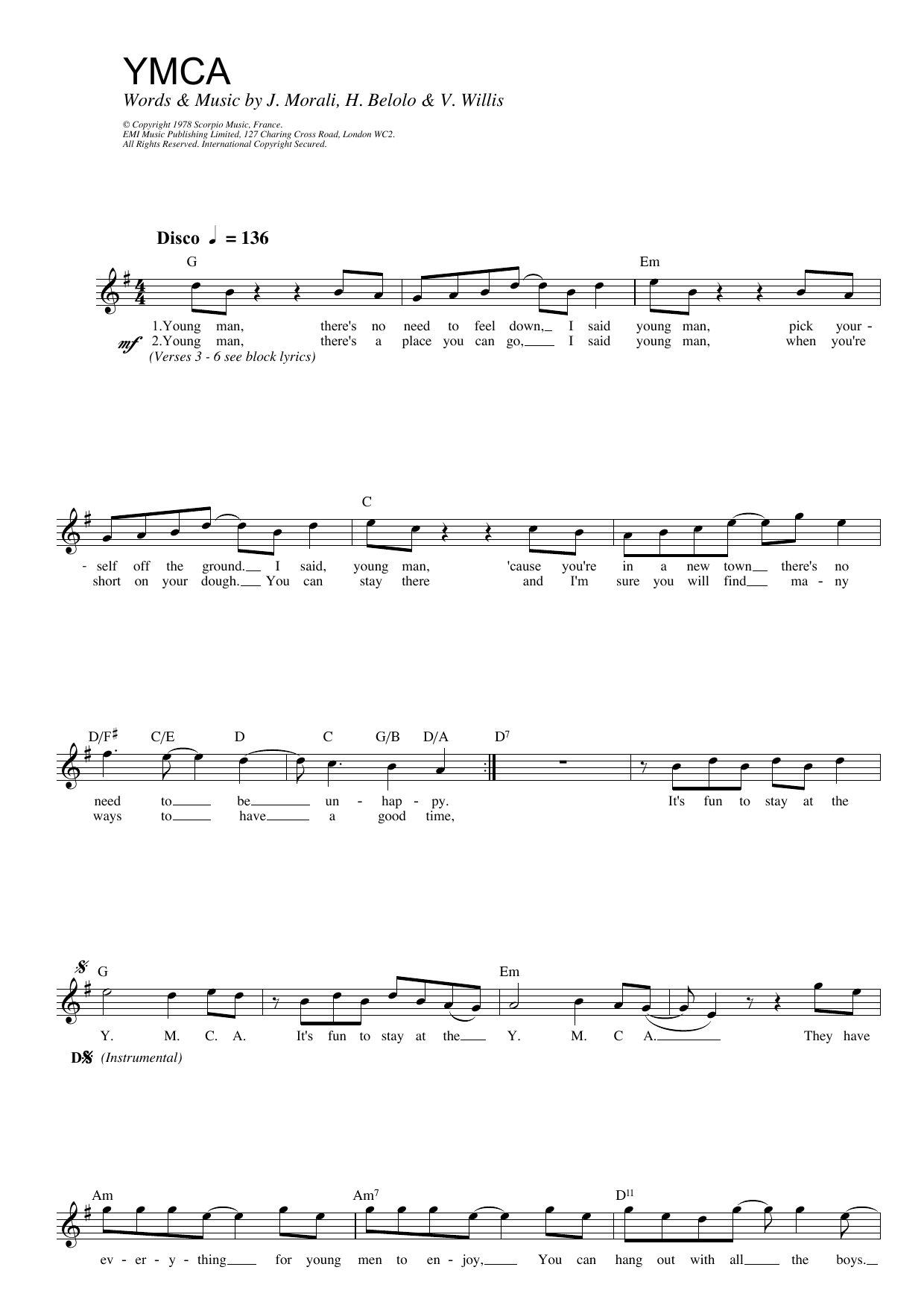 Download The Village People Y.M.C.A. Sheet Music and learn how to play Piano, Vocal & Guitar (Right-Hand Melody) PDF digital score in minutes