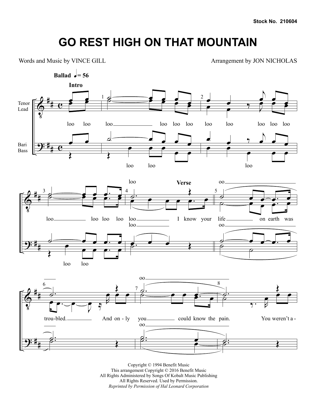 Download Vince Gill Go Rest High on That Mountain (arr. Jon Nicholas) Sheet Music and learn how to play TTBB Choir PDF digital score in minutes
