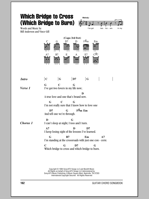 Download Vince Gill Which Bridge To Cross (Which Bridge To Burn) Sheet Music and learn how to play Lyrics & Chords PDF digital score in minutes