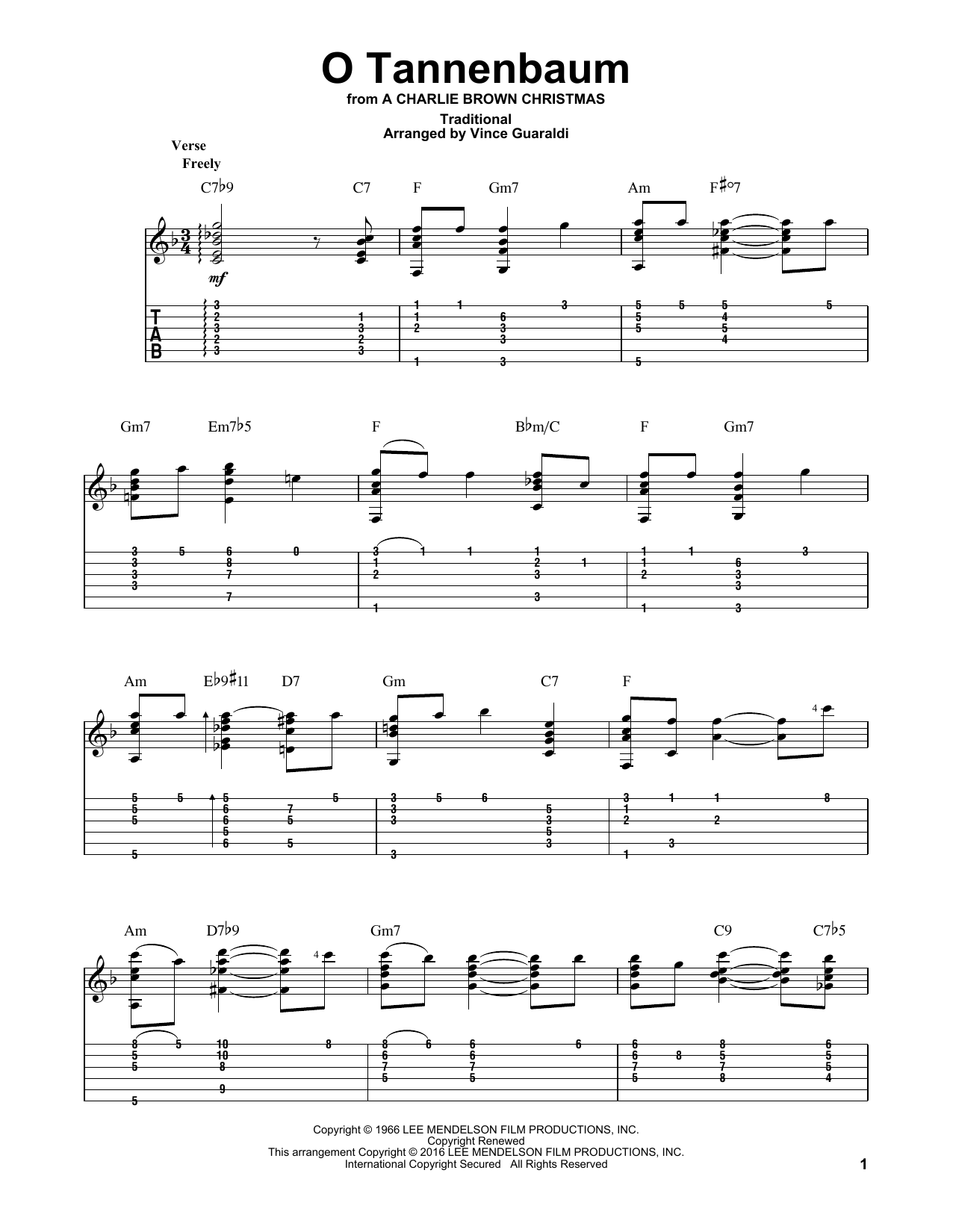 Download Vince Guaraldi (arr.) O Tannenbaum Sheet Music and learn how to play Guitar Tab PDF digital score in minutes